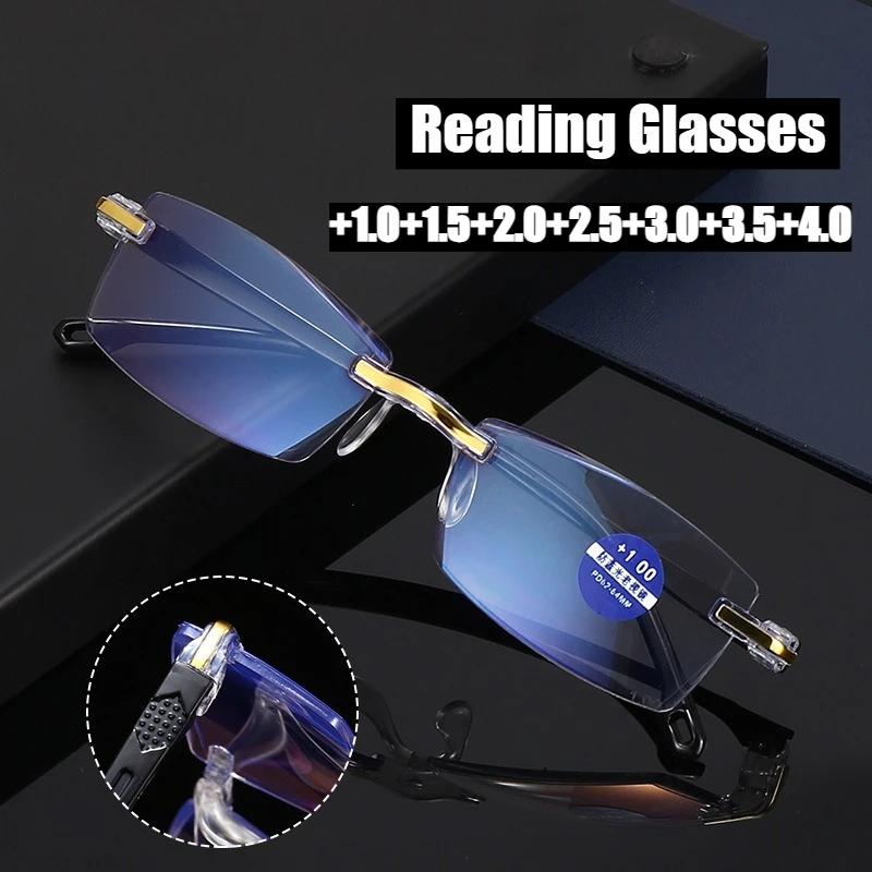 Ultralight Frameless Reading Glasses for Men Women Retro Anti-blue Presbyopic Eyewear Elderly Diopter +1.0+1.5+2.0+2.5+3.0+3.5+4