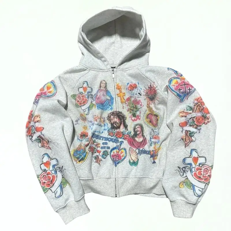 سترة بغطاء للرأس بطبعة يسوع Y2K سترة هاراجوكو القوطية