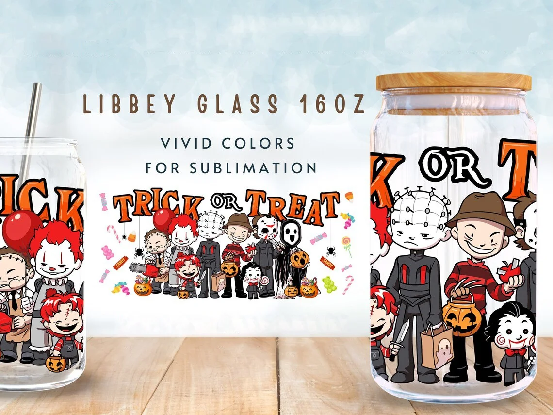 Horrorfilm UV Dtf Cup Wrap für 16 Unzen Libbey Glas kann DIY Transfer Aufkleber gruselige Geister