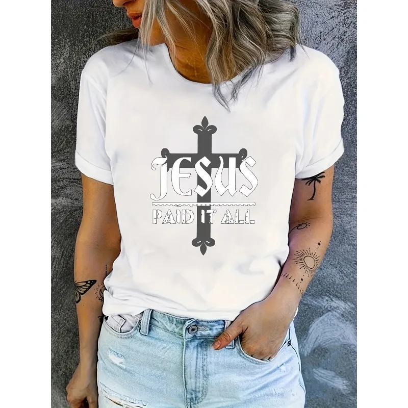 

Women's Casual Short-Sleeve Crew Neck T-Shirt Christmas Jesus Print with “JESUS PAID IT ALL” Cross Design Comfortable T-Shirt