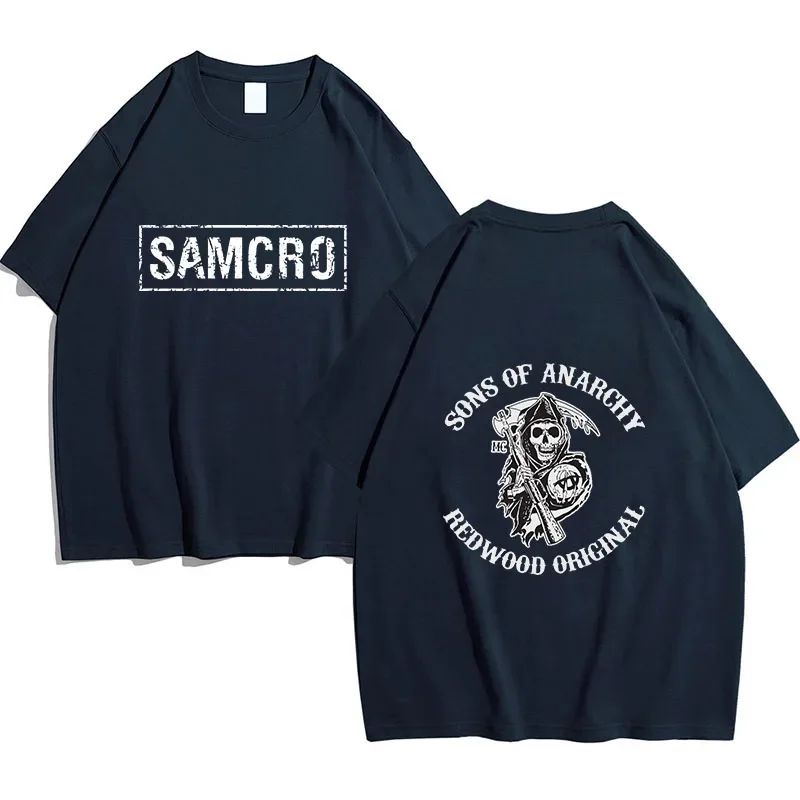 New Men's T-shirts Sons of Anarchy SAMCRO Double Sided Printed Cotton T-shirt Men's Fashion Loose Summer Women's Short Sleeved