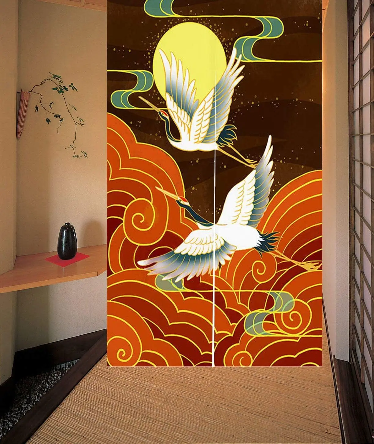 Japanese Style Doorway Curtain Noren Cotton Linen Cranes and Moon Printed Window Treatment Hanging Door Tapestry for Decoration