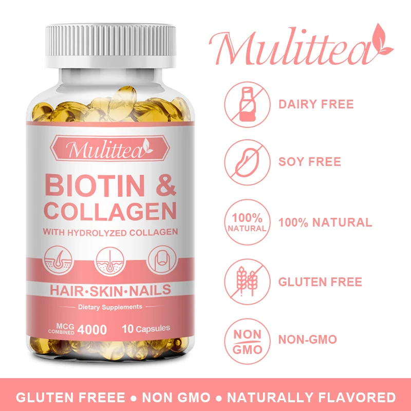 Mulittea Biotin with Collagen Supplement Protein for Nails Shiny Hair Glowing Smooth Skin Collagen Capsules