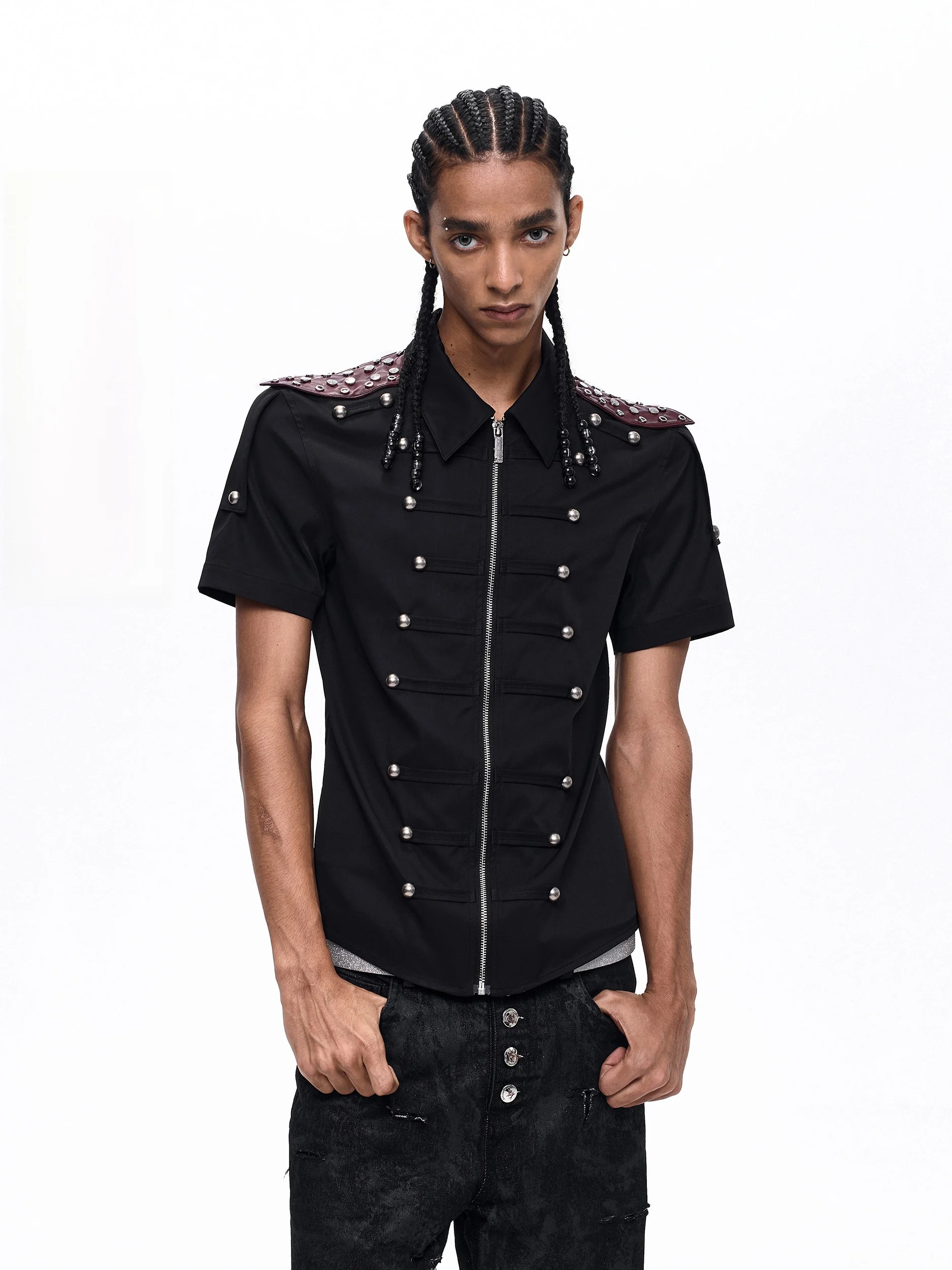 Napoleon Short Sleeve Shirt for Men Vintage Middle Ages Patchwork Rivet Zipper Shirt Youth Summer Polyester Fiber Slim Fit