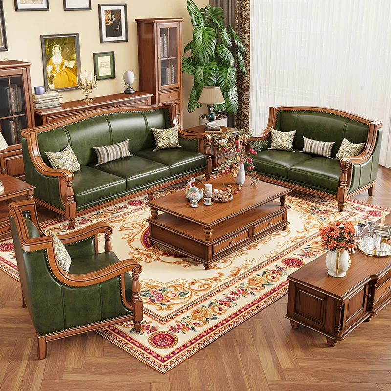 Sofá de cuero americano villa combinada retro 123 de madera maciza