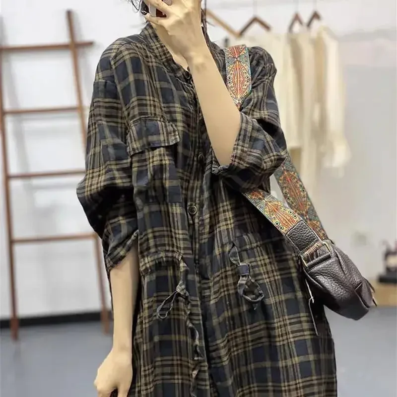 Combinaison en lin à carreaux semi-cardigan pour femmes, combinaisons rétro, streetwear à la taille, design de proximité, nouveau, printemps, 2025