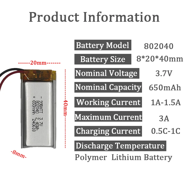 z.ШВ 802040   Baterai Lithium Polimer 650MAh Dapat Diisi Ulang dengan Steker PH 2.0Mm 2Pin untuk Tablet Aquecedores De Mãoera Gravador