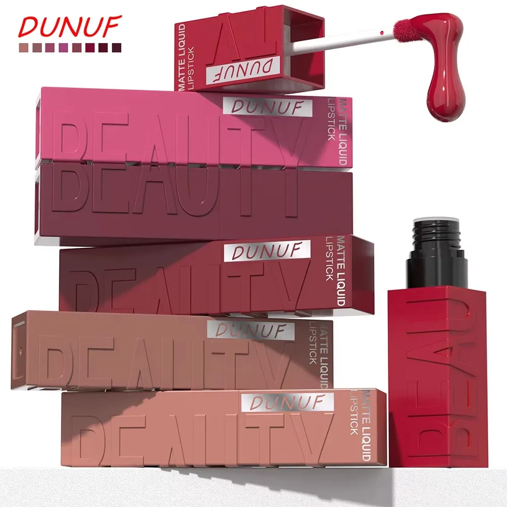 DUNUF 8-Color Lip Matte Velvet Smooth Easy-to-Apply Square Gloss Tube Waterproof Three-Dimensional Sexy Plumping Lipstick Makeup