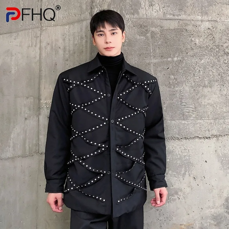 PFHQ New Design Men Cotton Thickened Jacket Nail Cool 2024 Darkwear Turn-down Collar Long Sleeve Male Tops 21Z7649