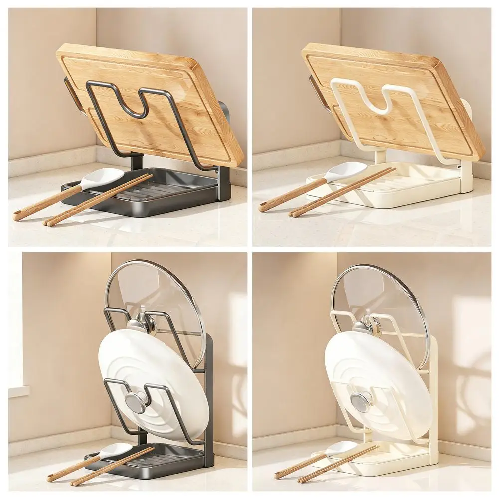 Non-slip Lid Holder Pot Lid Storage Rack with Drain Tray Kitchen Utensils Organizer Stand U-shaped Groove Holder for Lids Spoons