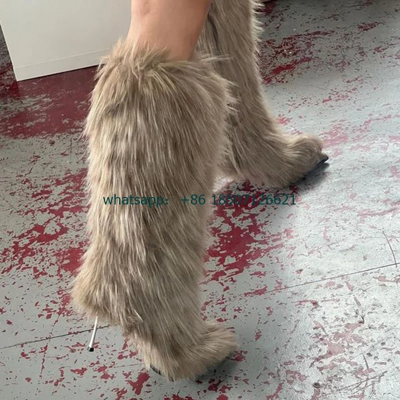 Metal Heel Knee-High Furry Women's Boots Sexy Slip-On Solid Color Versatile Long Boots