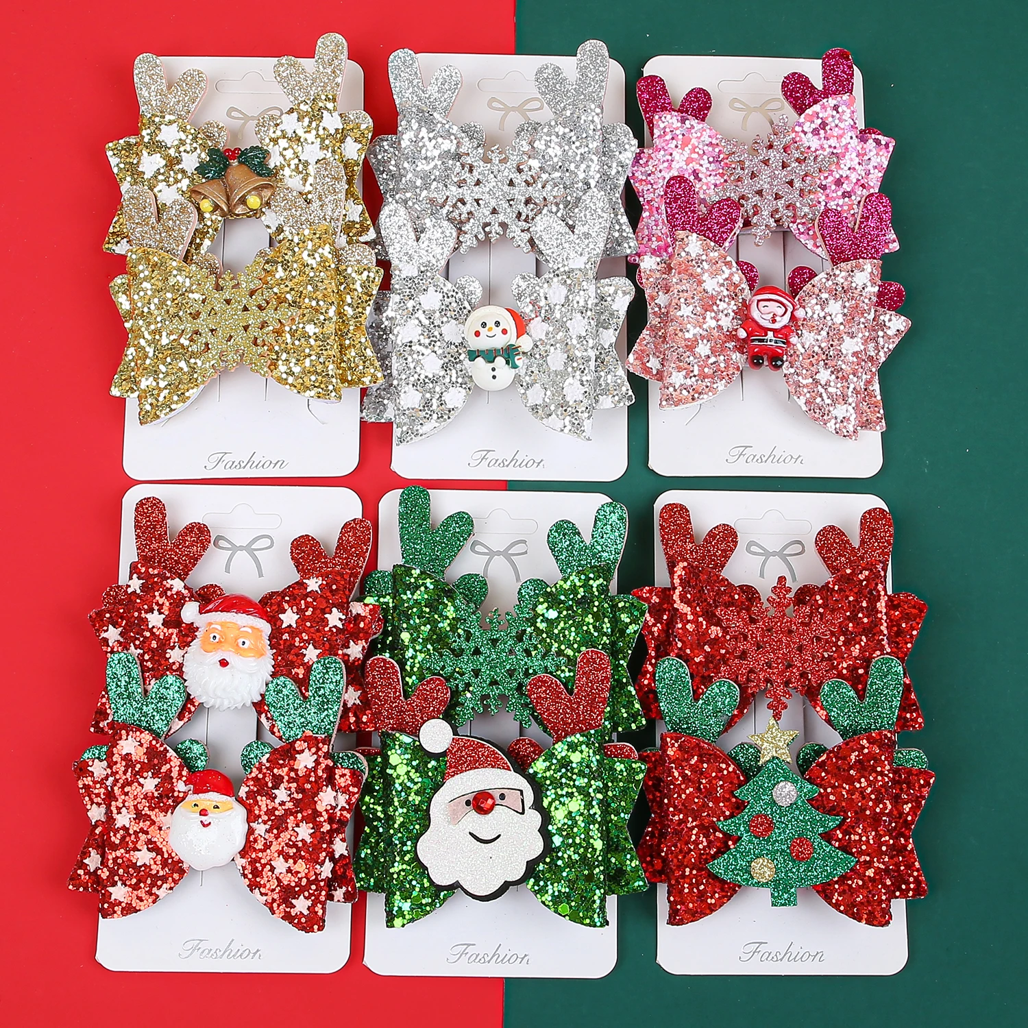 2PCS Cute Girls Christmas Glitter Hair Bows Hair Clips Elk Santa Claus Barrettes Clips Children Christmas Party Hair Accessories