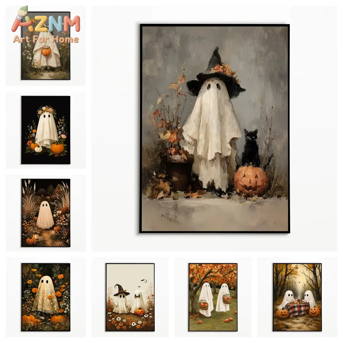 1PC Witch‑hat Ghost Black Cat Poster Halloween Pumpkin Wall Art Canvas Printing Fall Festival Gift Retro Bedroom Decor