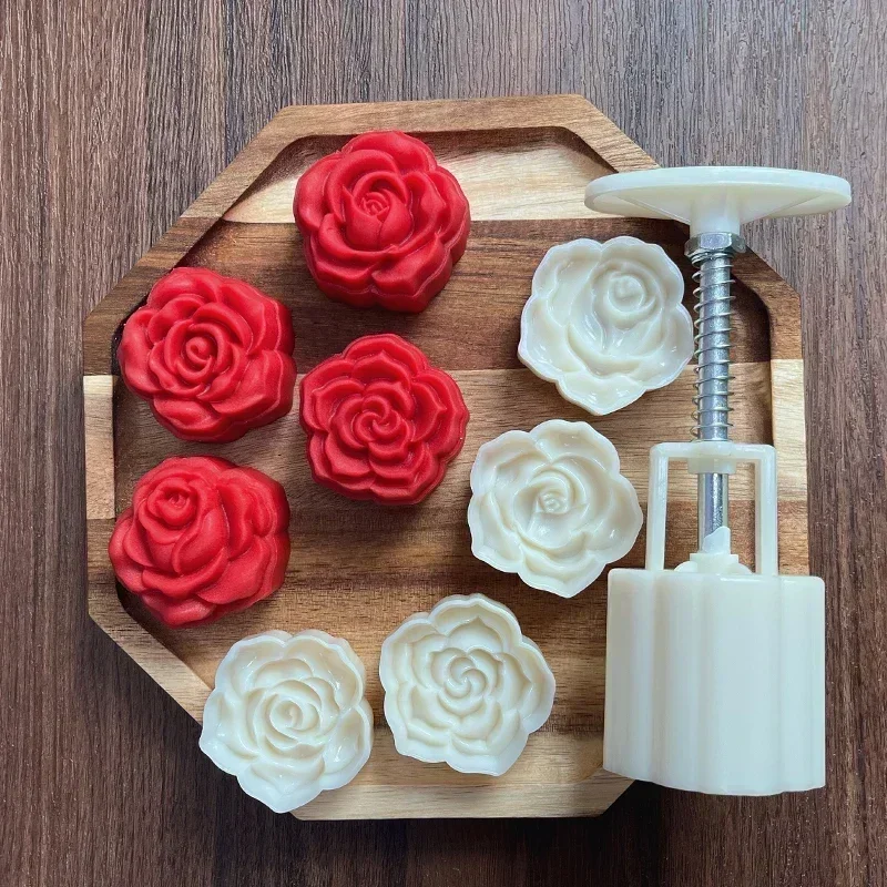 4pcs Rose Shape Mooncake Mold Valentines Day Chocolate Dessert pastry Mold  Hand-Pressure Moon Cake Mould Decoration