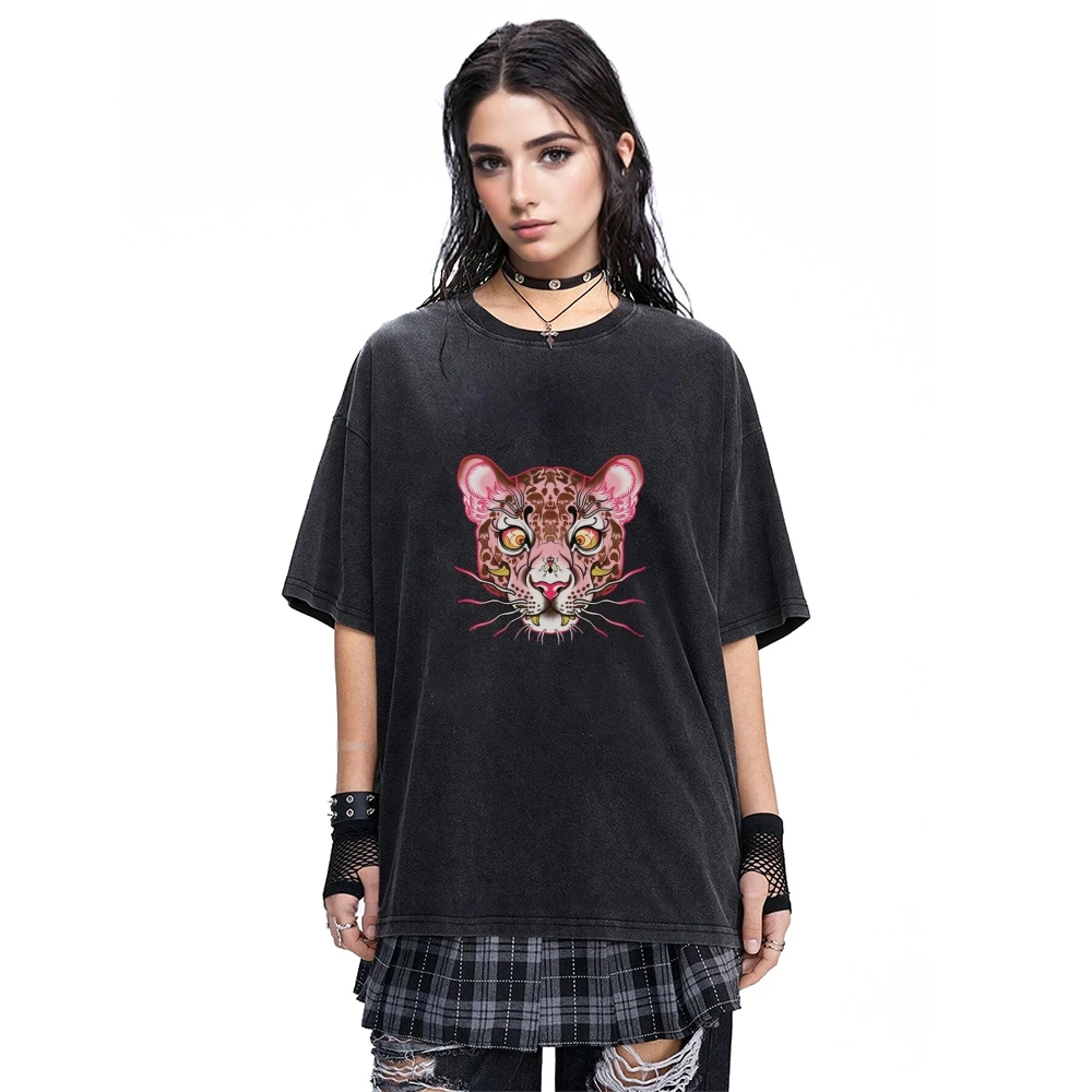 

Vintage Washed Black Oversized T Shirt Pink Leopard Head Graphic Edgy Streetwear Tee Women Y2K Gothic Aesthetic Top