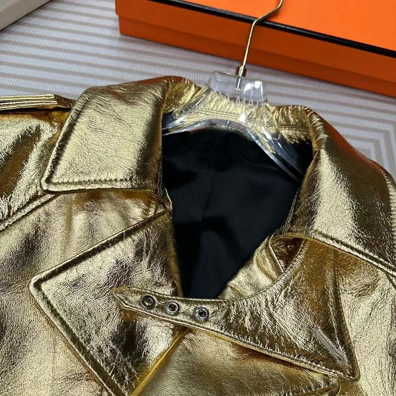 Chaqueta de cuero genuino color dorado abrigo de mujer primavera y otoño ropa con cuello vuelto manga corta con hombros caídos