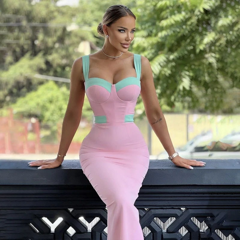 

New Fashion Pink Spaghetti Strap Maxi Long Bandage Dress Women Sexy Sleeveless Backless Celebrity Evening Party Dress