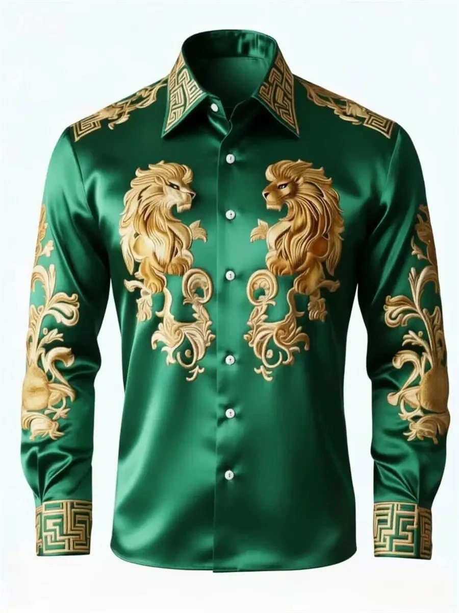

Men's luxury lion long sleeved shirt, men's long sleeved collar shirt, fashionable printed shirt, social party, high-quality top