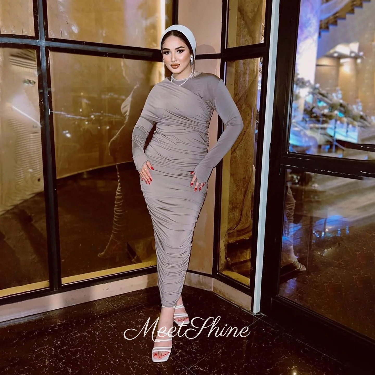 

Khaki O-Neck Long Sleeve Straight Evening Dress Saudi Arabia Sexy Corset Pleat Ankle Length Formal Wedding Prom Dress Customized