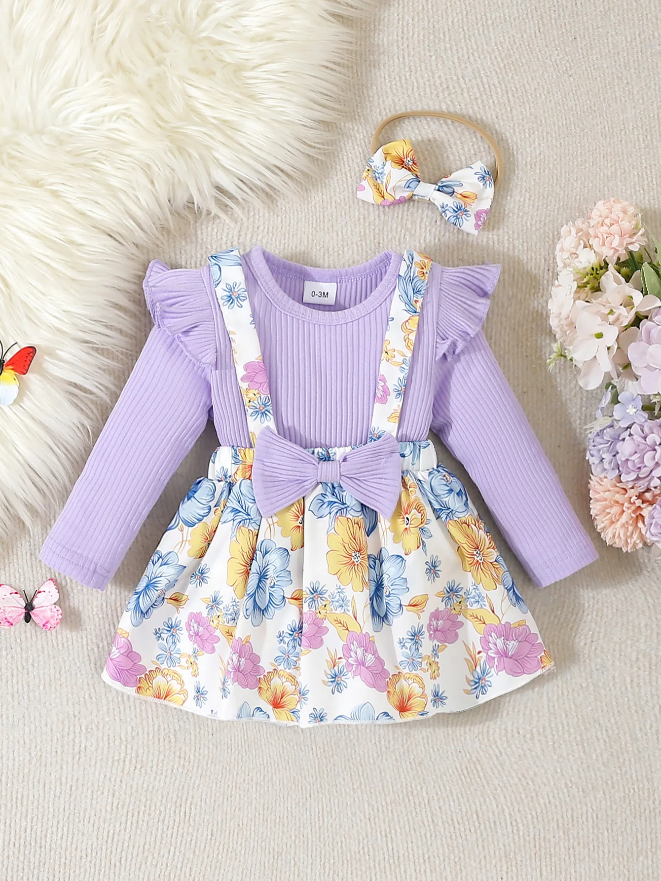 Women Baby Cute Overalls Fake Two-piece Bow Floral Print Small Flying Sleeve Round Neck Dress Triangle Bodysuit with Headscarf 2-piece Set