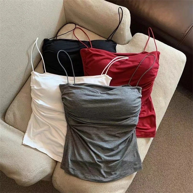 

Tank Tops Women With Built In Bra Spaghetti Strap Tanks For Woman Solid Color Casual Summer Camis Female Korean Style Dropship