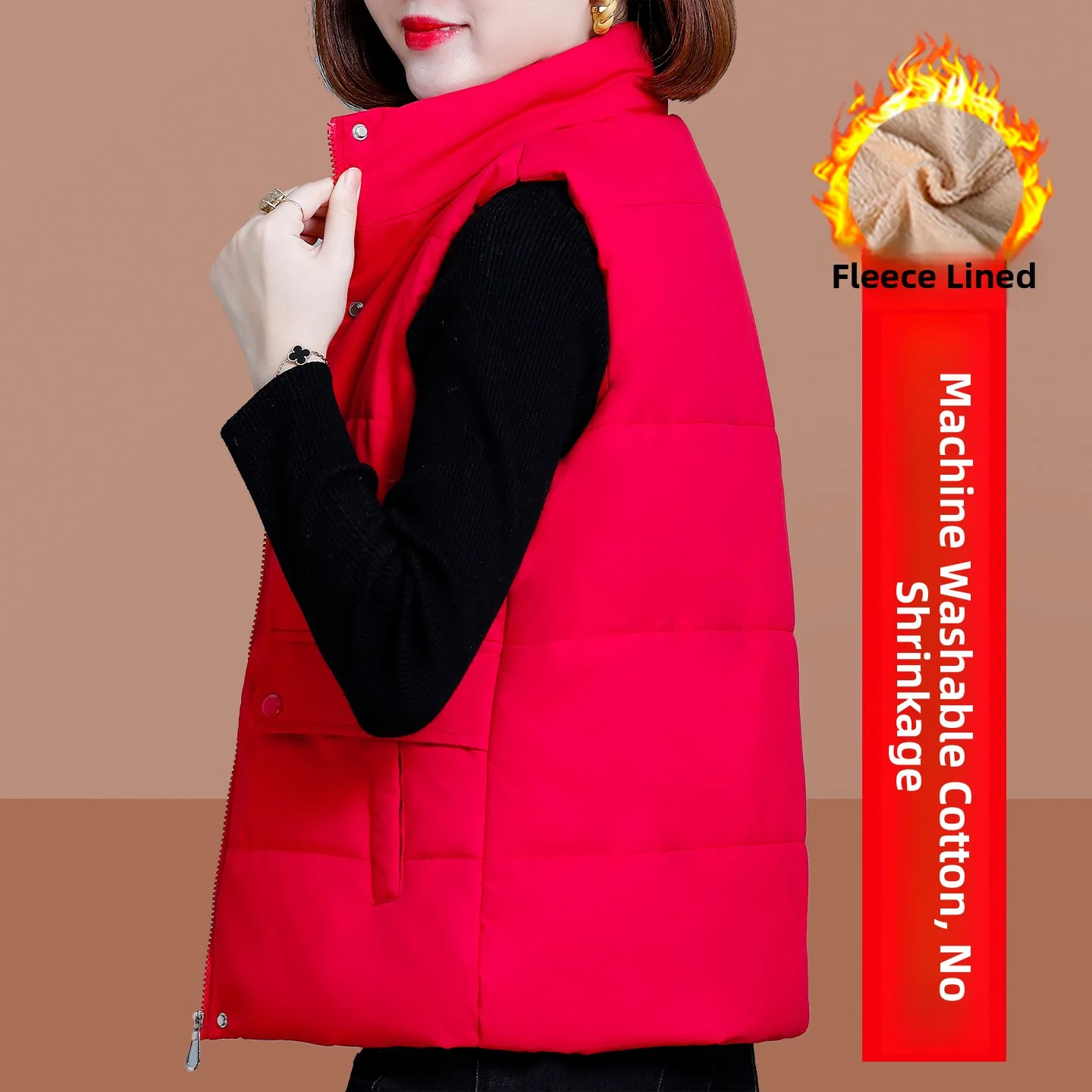

Thiened Fce Women's Vest Red Outerwear Autumn Winter Warm Commute Sle Zipper Design Polyester Fiber Ladies Jaet