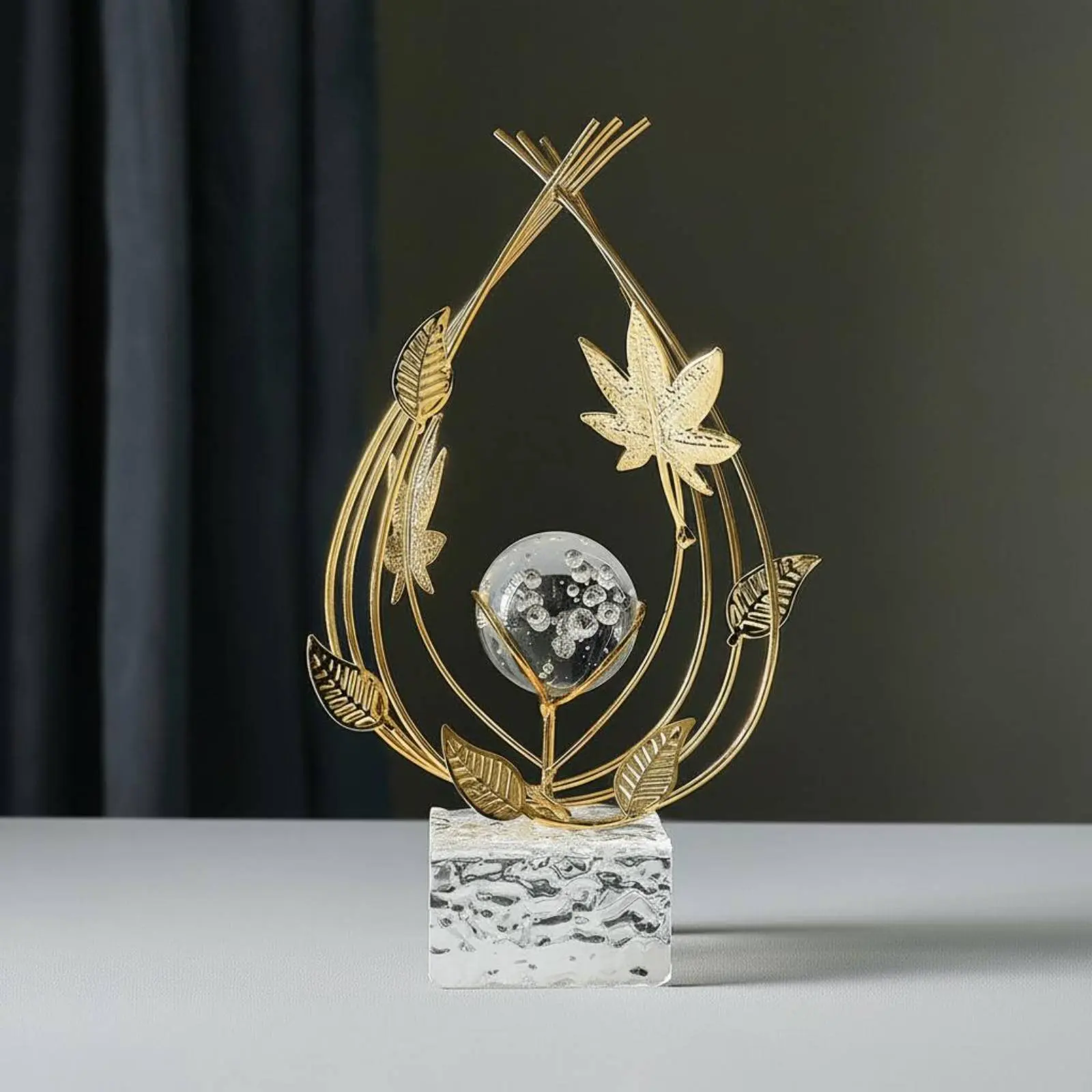 

Gilded Foliage Crystal Sphere Decoration Modern Crystal Sphere Table Decoration Metal Foliage Sculpture Minimalist Design