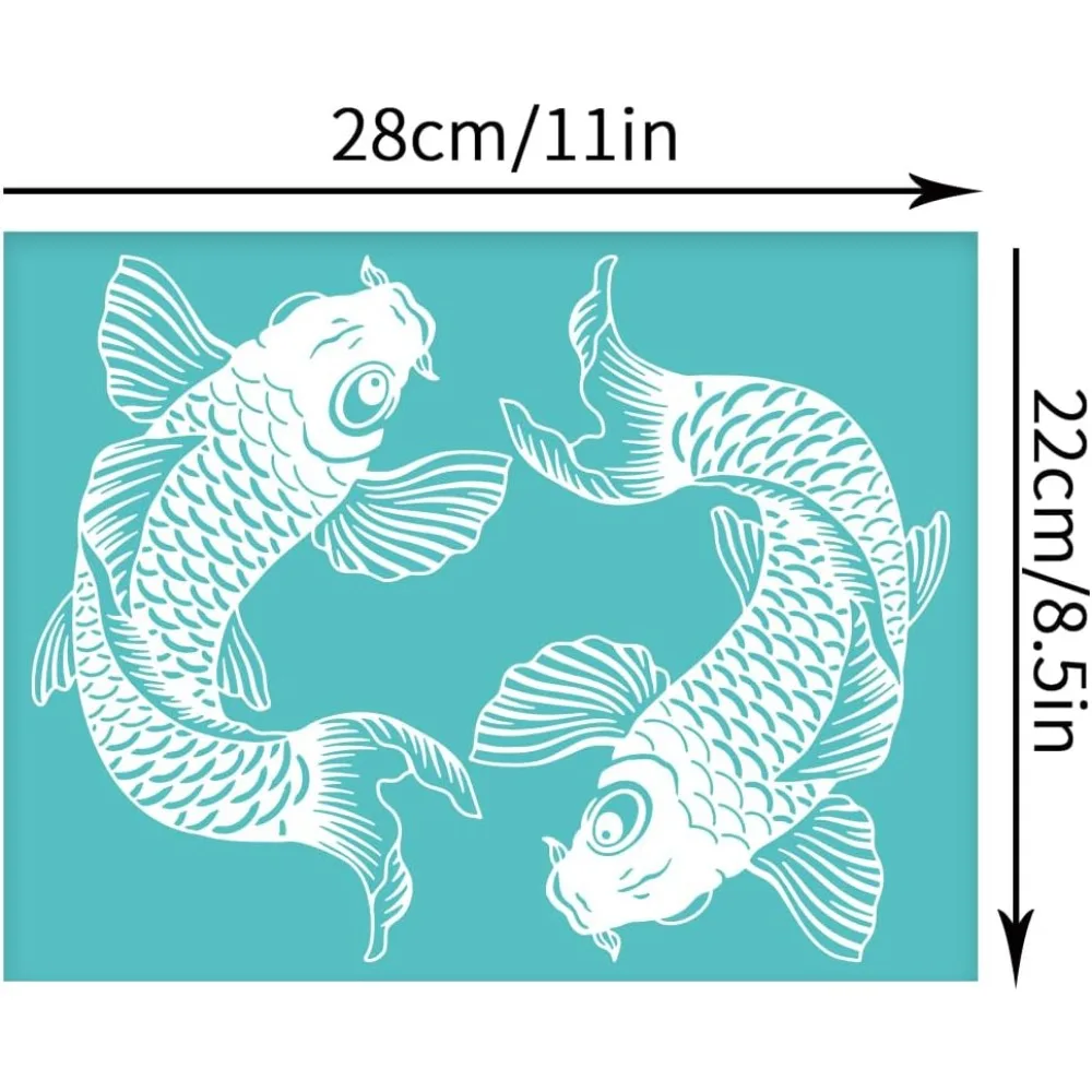 2pcs 11x8.6 inch Koi Silk Screen Printing Stencils Self-Adhesive Koi Fish Orient Stencils Silk Screen Stencils Reusable Silk