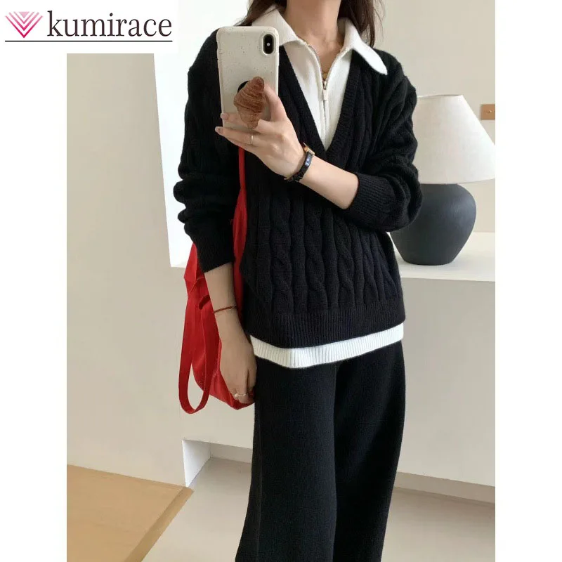 

Thickened Knitted Wide Leg Pants Set for Winter Luxury Fake Two Piece Suit Collar Sweater Jacket Women's 2025 Autumn New Style