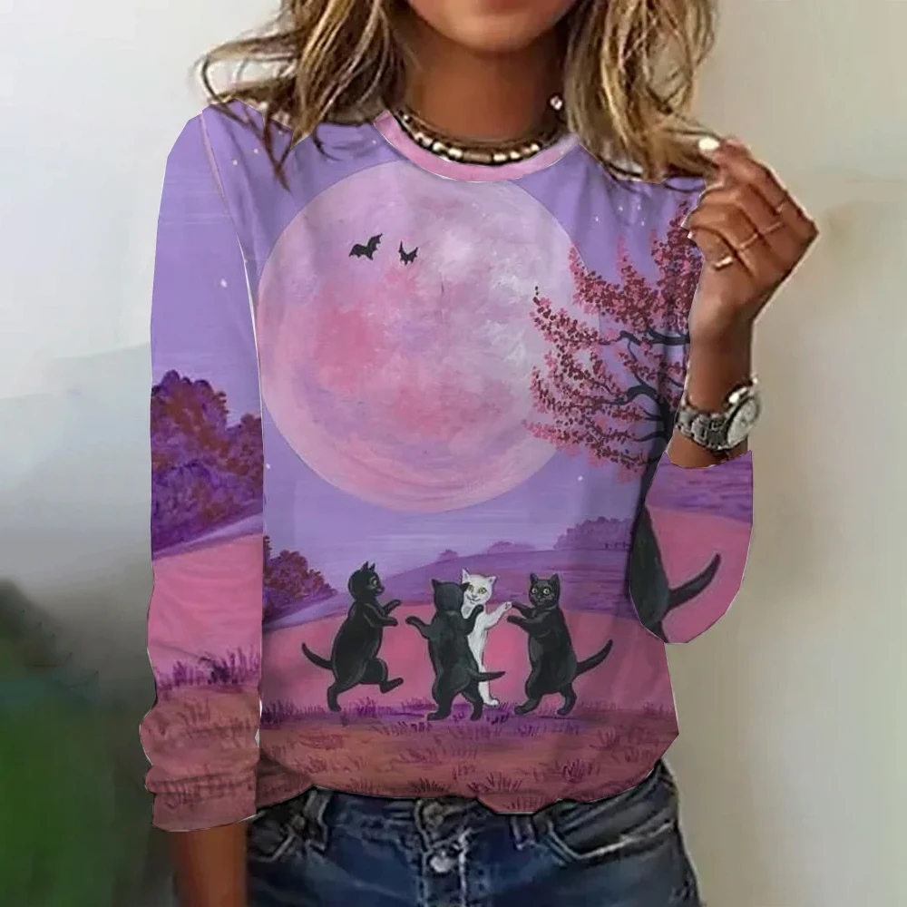 Cartoon Cat Print 2024 New Long Sleeves T shirts Autumn Fashion Women\'s Sweatshirts Casual Loose Female T-shirt Clothing Tops