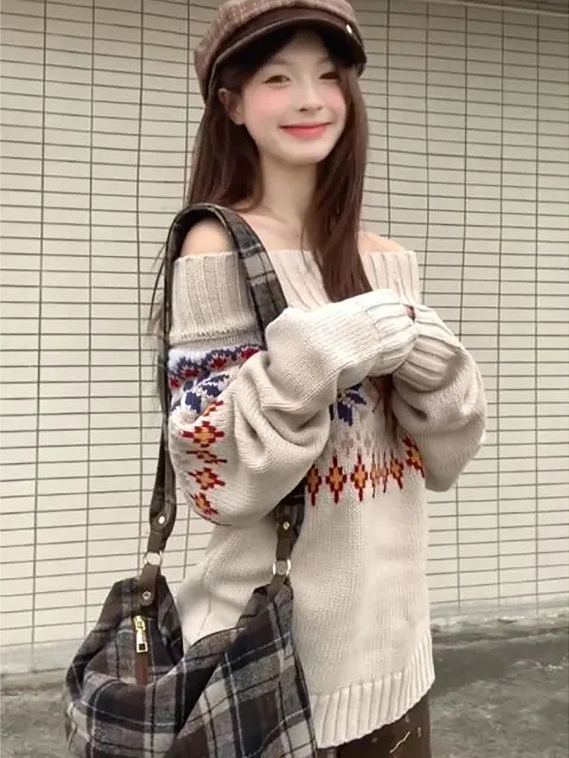 الرجعية معرض جزيرة متماسكة سترة المرأة فضفاضة كسول يشعر oulder كلمة واحدة الخريف الشتاء جديد Sle طويل Sve النقي على الانترنت Ss #4