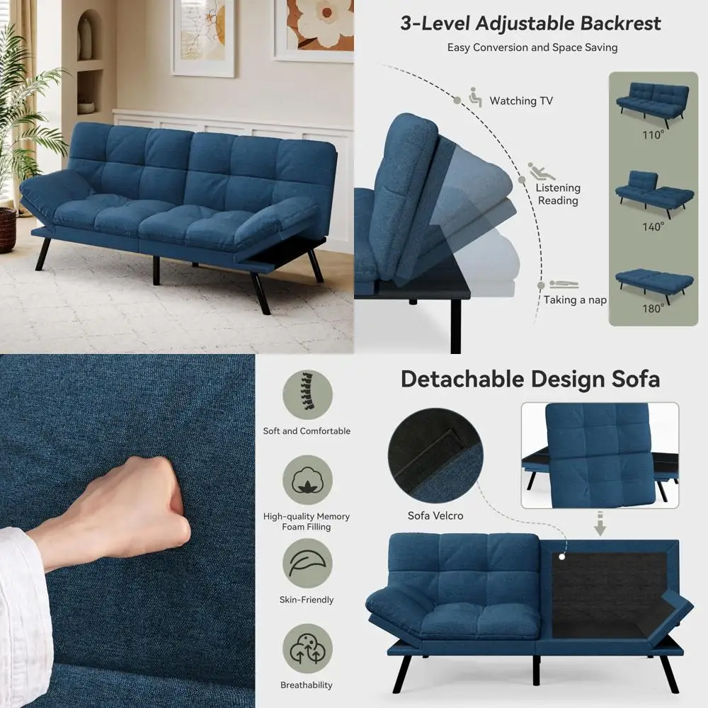 Memory Foam Futon Sofa Bed with Detachable Cushions, Adjustable Backrest and Armrests, Modern Linen Loveseat for Comfortable Sle