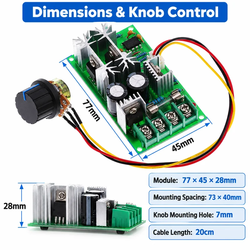 DC 10-60V PWM Brushed Motor Speed Controller 20A Max 10A Continuous 12V 24V 36V 48V 25kHz Driver Module with Knob