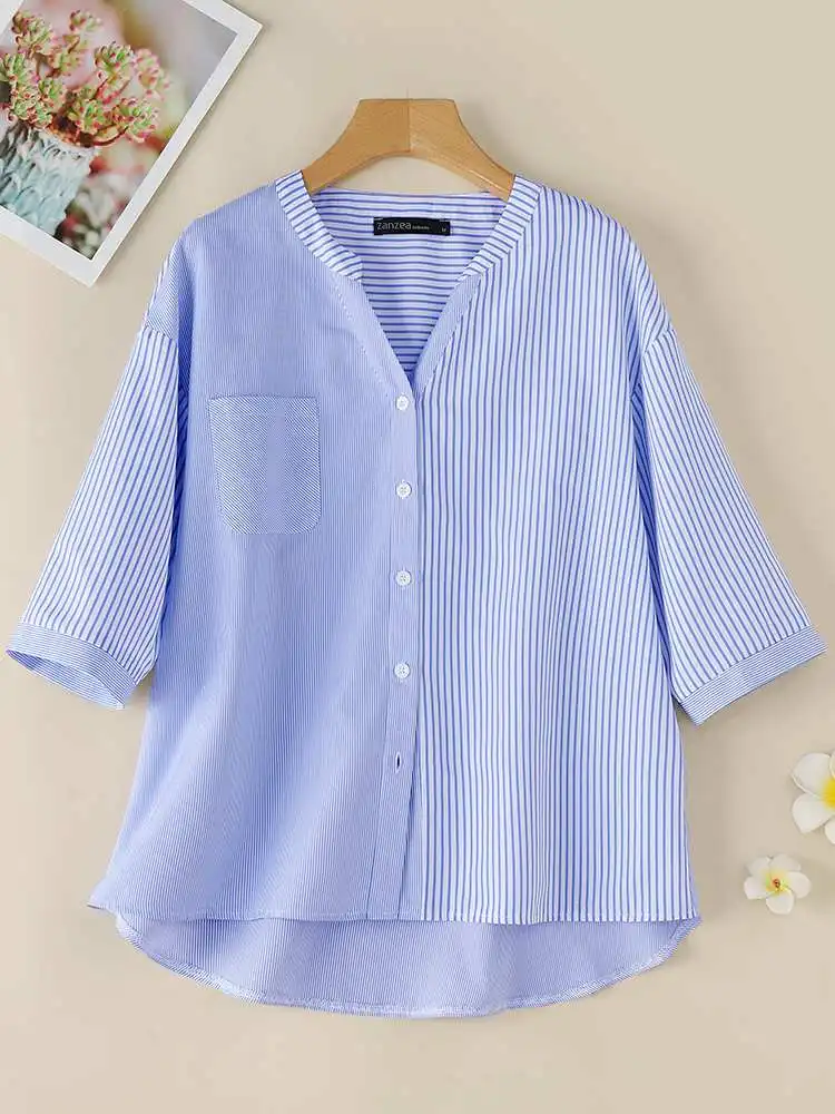 ZANZEA estate donna manica corta con scollo a v camicia a righe elegante camicetta da lavoro OL top larghi per le vacanze Casual Button Up Blusas tunica 202