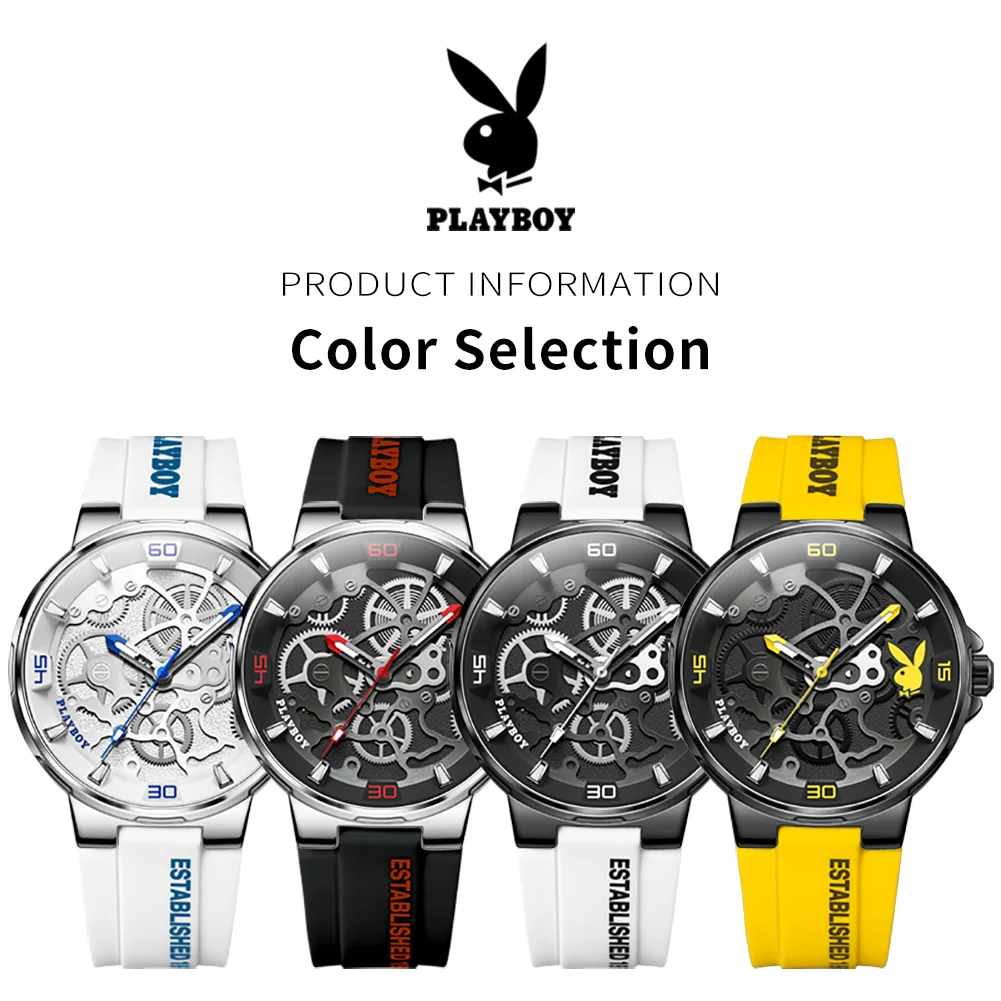 PLAYBOY Casual Fashion Luxury Quartz Watch for Men Luminous Waterproof Wrist Watch Men Original New Silicone Strap Man Watch