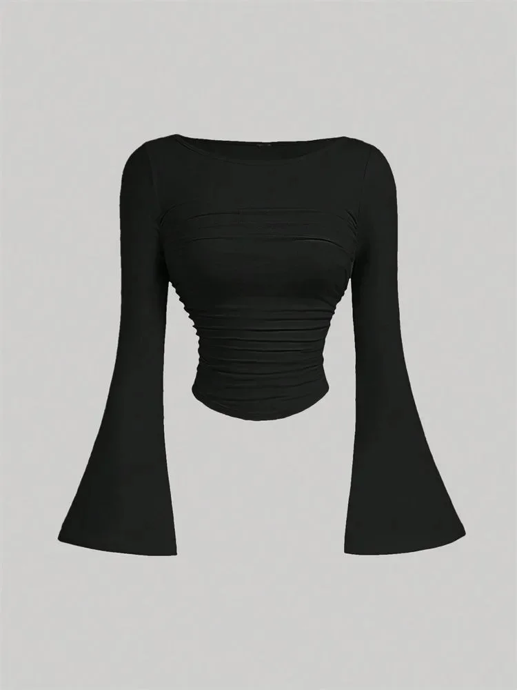 Casual Flare Long Sleeve Round Neck Ruched T-shirt for Women Spring Autumn Winter Elegant Solid Pleated Slim fit Blouse Tshirt