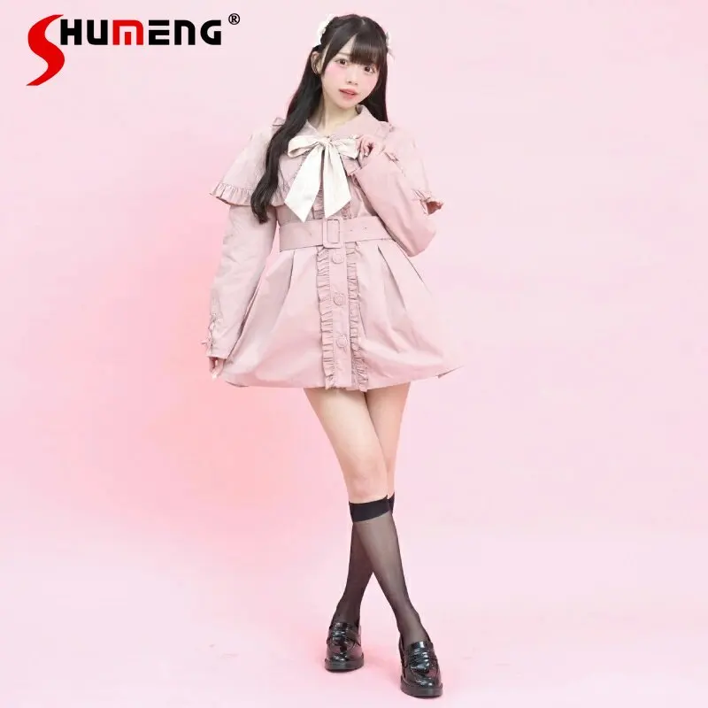 2026 New Japanese Style Women's Pink Sweet Lolita Coat Ruffle Cape Collar Bow Mini Jacket Cute Girls Casual Outwear Spring