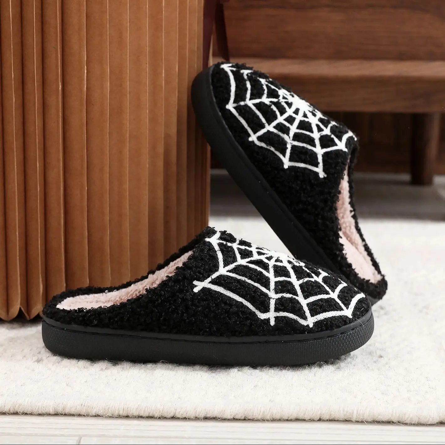 Halloween Spider Web Pattern Horror Pubon Atmosphere fashion Embroidery stuffed Home Thick-soled Cozy Furry Cotton Slippers Personality Warm