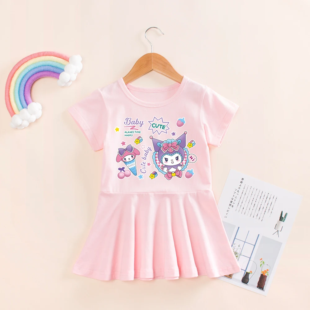 Sanrios Kuromi My Melody Cinnamoroll Anime Kawaii Girls Summer Dress Cartoon Cute Cotton Children's Short-Sleeved Skirt Gift New