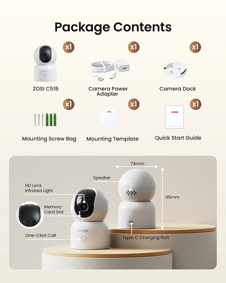ZOSI C518 Indoor Pan/Tilt Smart Security IP Camera 2K/4K 360° Baby Pet Monitor AI Human Tracking 2.4G/5G WiFi Surveillance Cam