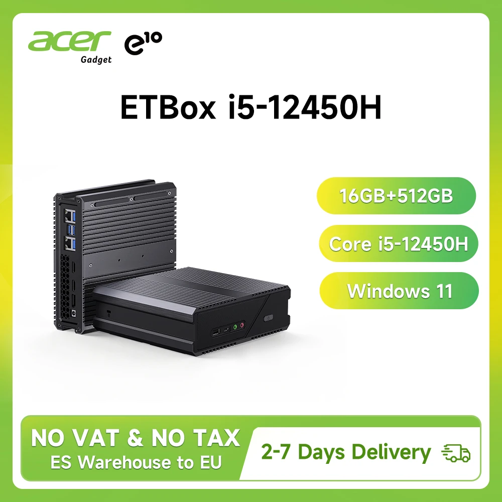 Mini PC Acer Gadget e10 ETBox con Intel Core i5 12450H, 16GB DDR5, SSD de 512GB, 8 Núcleos, Wi-Fi 6 y 2.5G LAN, Compatible con 3 Pantallas y Salida 4K a 60Hz, Mini Computadora de Escritorio