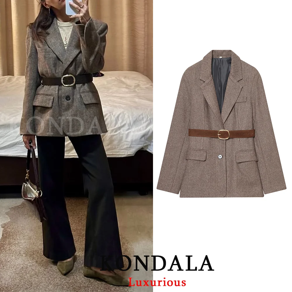 

KONDALA Office Lady Chic Brown Belt Blazer Women Long Sleeve Pockets V Neck Blazer Fashion 2025 Oversized Coat Autumn Wintrer
