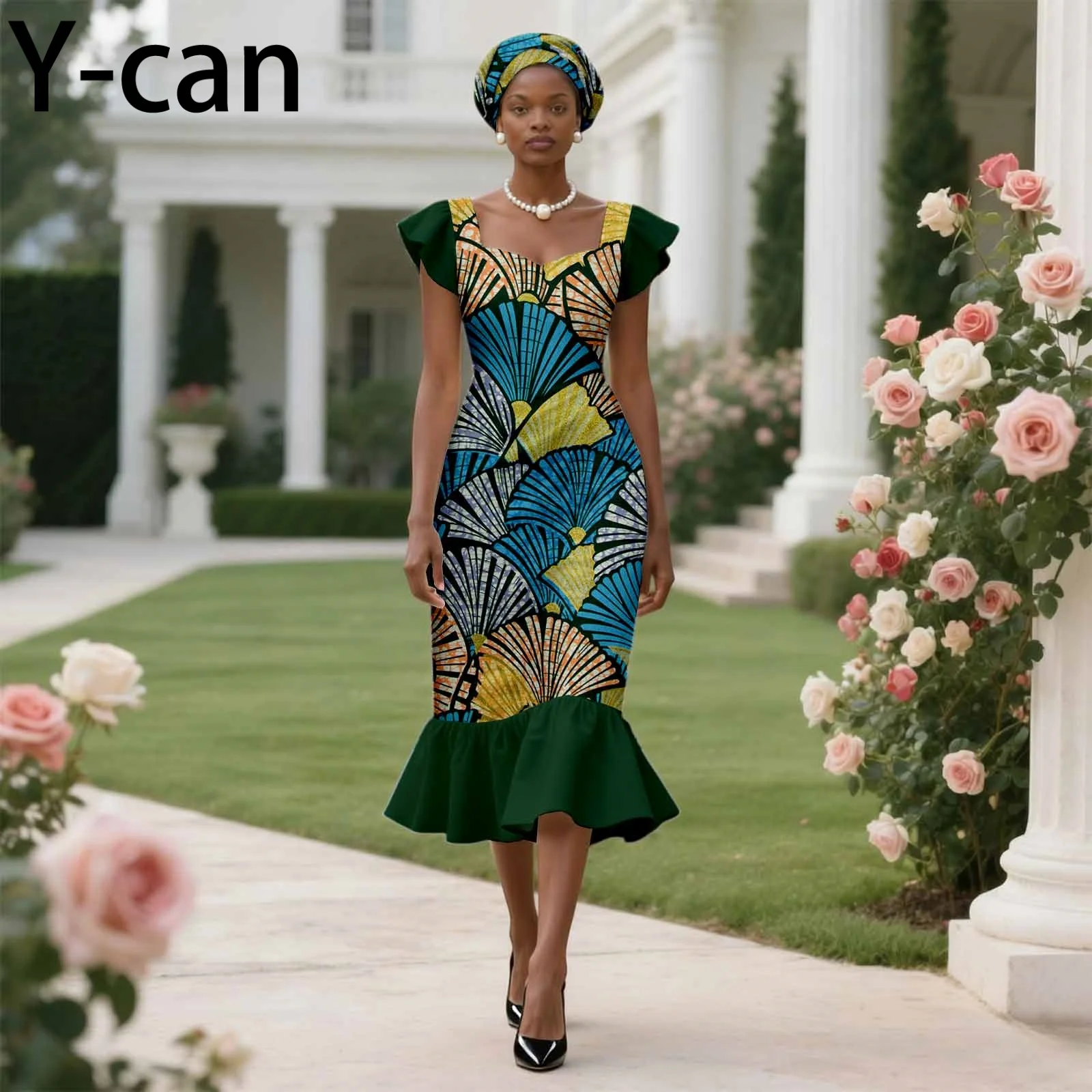 African Women's Patchwork Dashiki Dress with Flying Sleeves Ankara Print Traditional Wedding Vestido with Headscarf 2525189