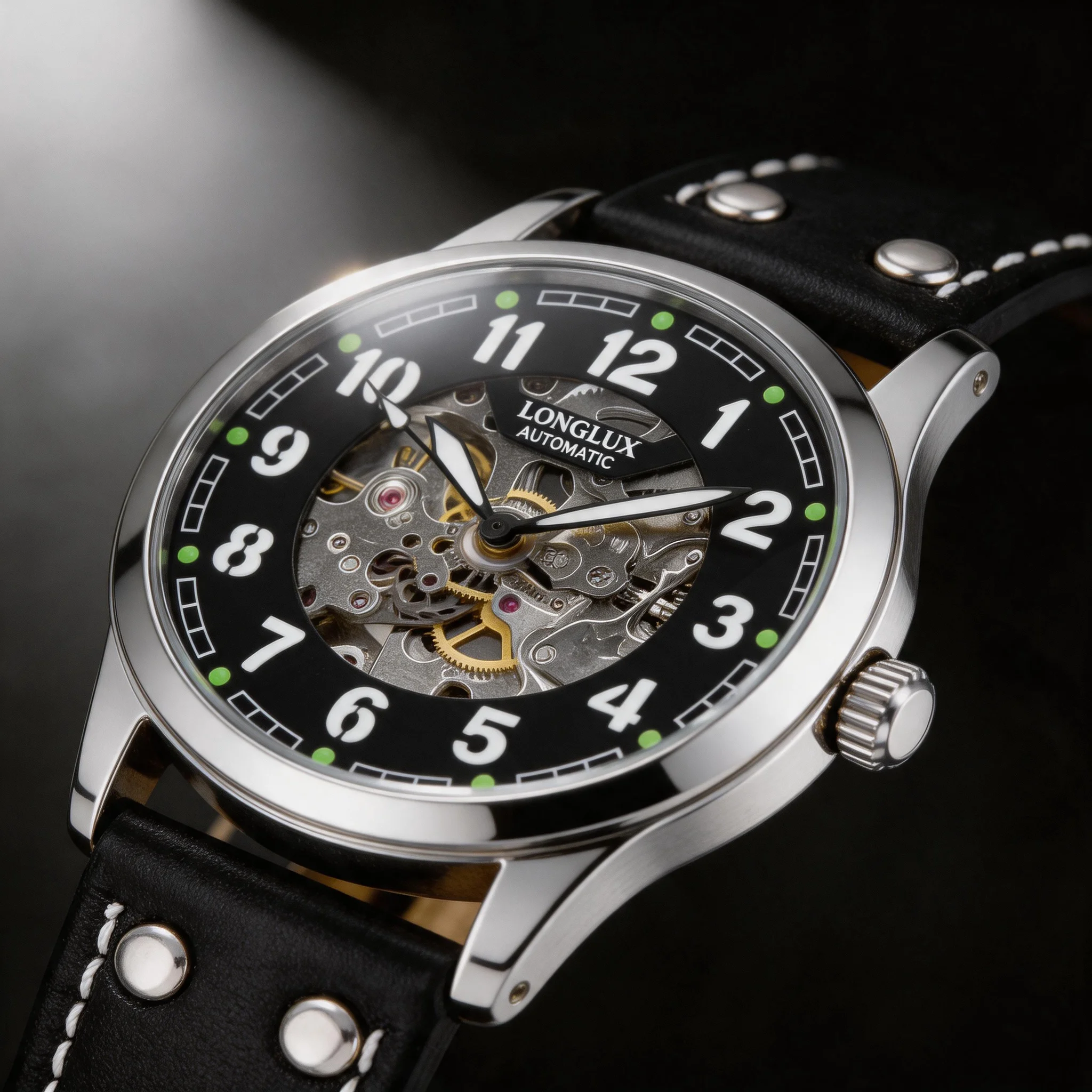 Montre automatique LONGLUX pour homme, style vintage pilote, robuste, mécanique, squelette, étanche, lumineuse, bracelet en cuir, cadeau