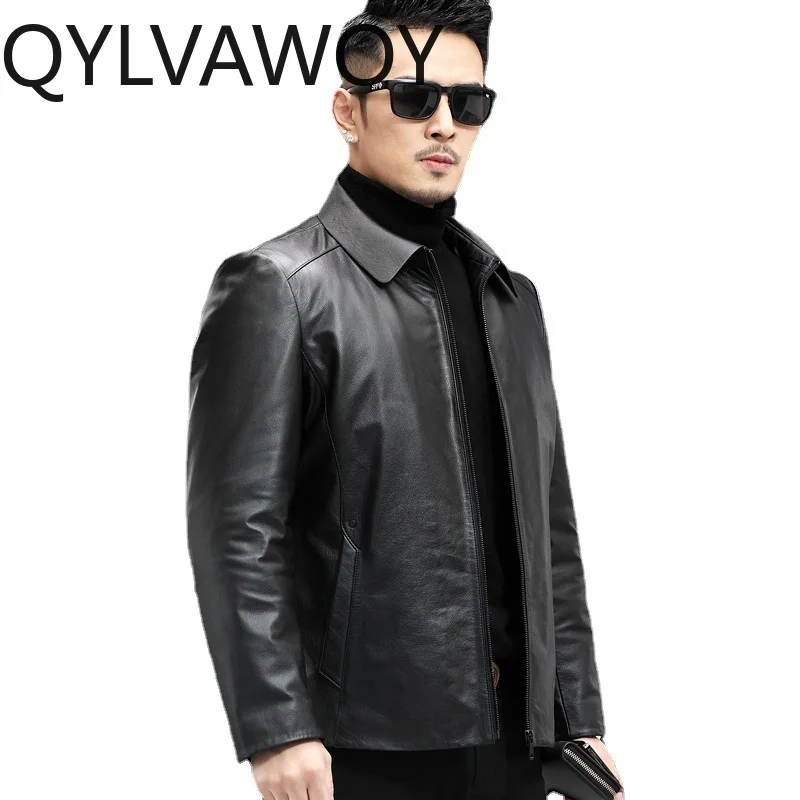 

QYLVAWOY Real Leather Jacket High-end Cowhide Jackets Lapel Jackets for Man Short Loose Leather Coat Chaqueta De Cuero Hombre