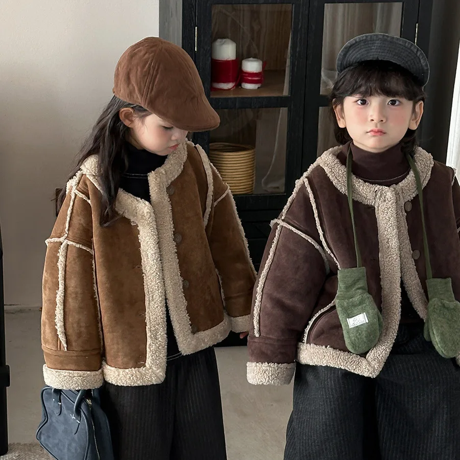 Winter Siblings Attire Suede Jackets Fleece Thick Kids Boy Outerwear Single Breasted Velvet Plush Parkas For Children Baby Coats