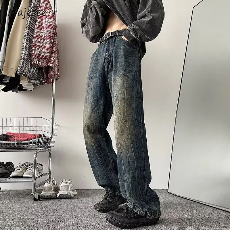 

Jeans Men High Street Ins Fashion Gradient Color Autumn Full Length Vintage Washed Cozy Handsome Straight Trousers Simple Soft