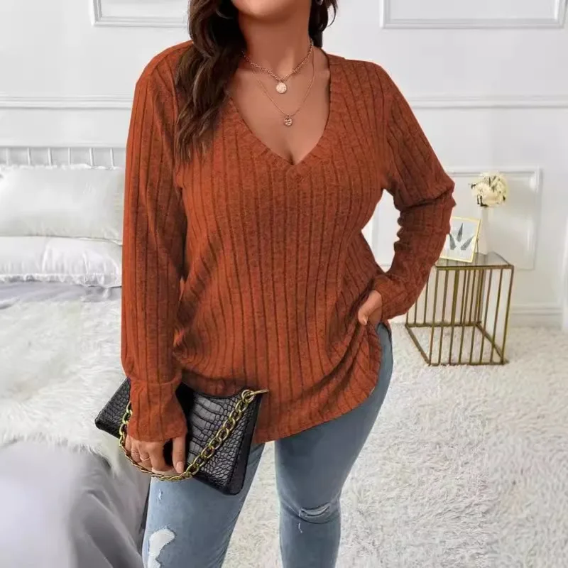 New Spring Autumn Solid Color Women's Tops V-neck Long-sleeved Pit Striped Brushed T-shirt Loose Pullover
