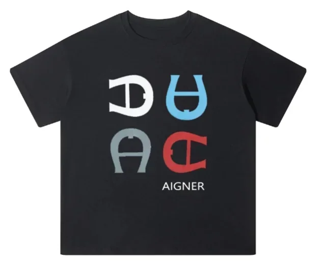 2026 Men Multicolor Horseshoe Graphic Tee Abstract Symbol Print Short Sleeve Casual Loose Streetwear Black T-shirt