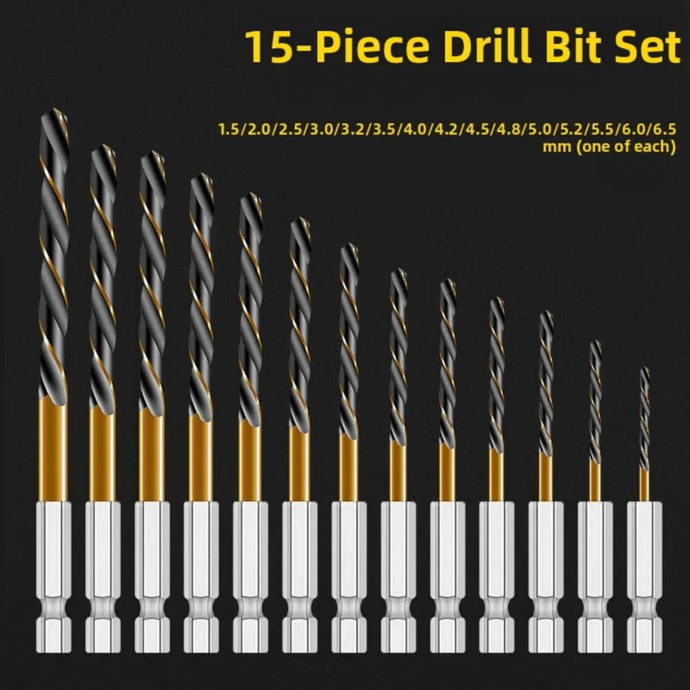 

For Professional Contractors Black 15pc Hex Drill Set Twist Drill Bits Nitriding Process Portable Storage Case